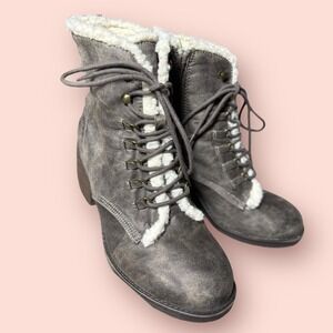 MIA Gray Faux Fur Lace-Up Ankle Boots Womens 8.5 Block Heel Winter Cozy Warm